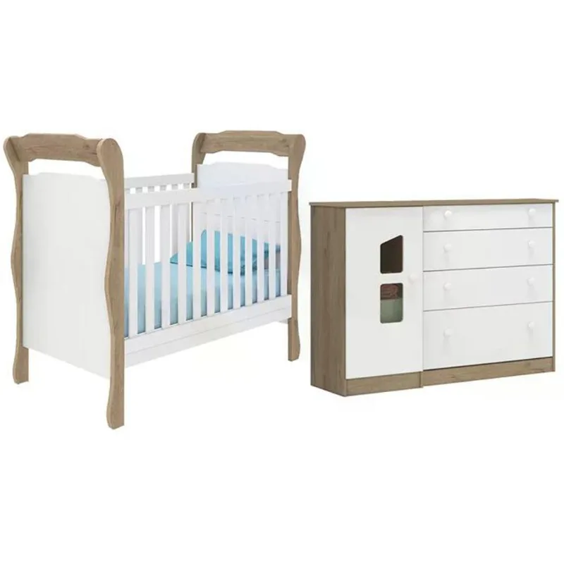 Berço Mini Cama 773 E Comoda 2644 Amore Carvalho Rustico Branco Qmovi