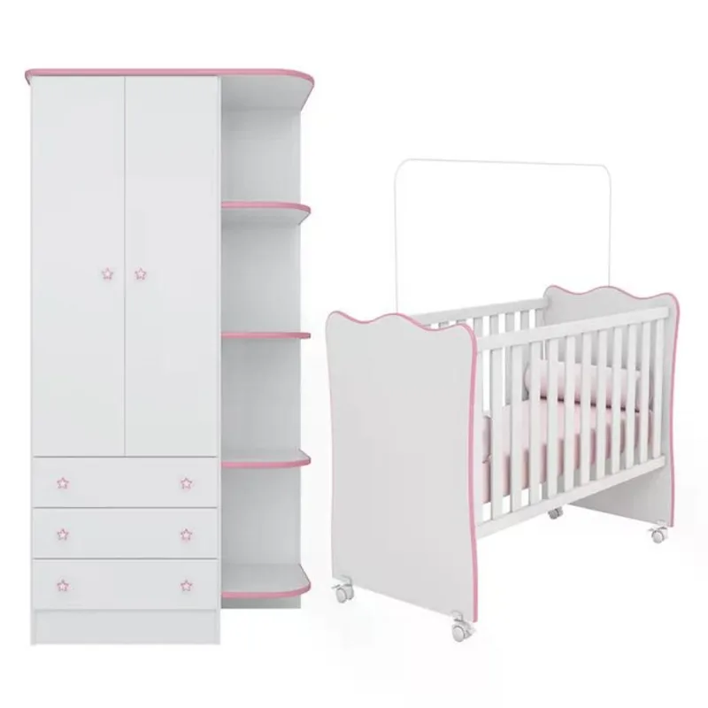 Berço Simples 1 E Guarda Roupa 825 Doce Sonho Branco Rosa Qmovi