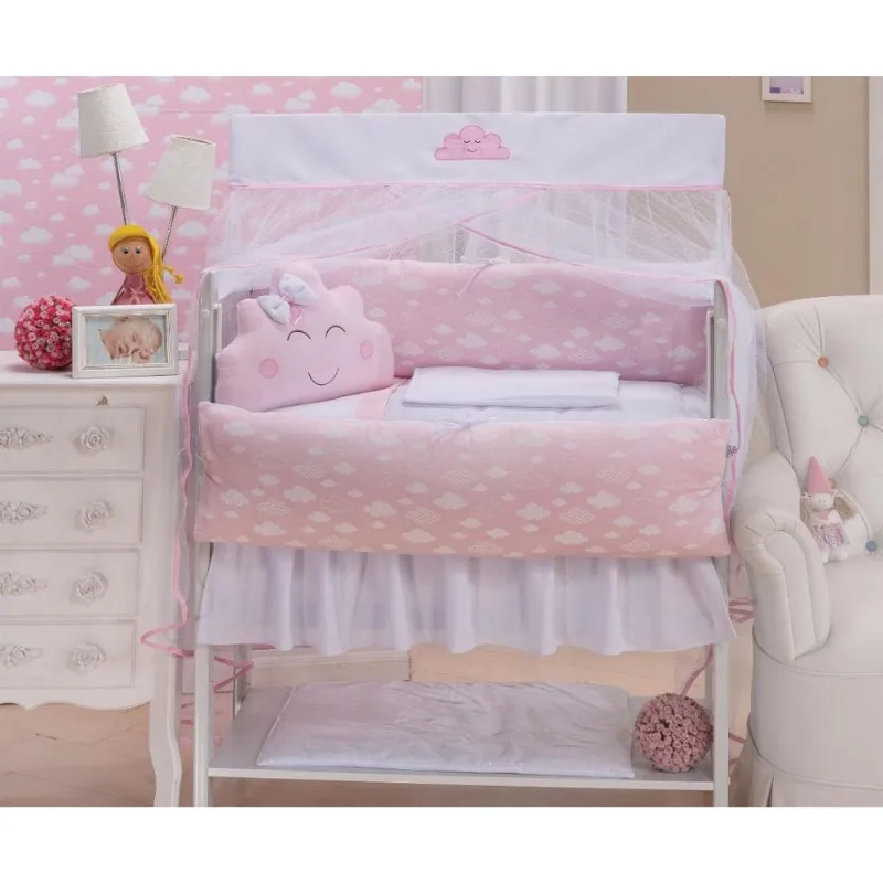 Kit Mini-Berço Meninas 11 Peças - Nuvem Rosa