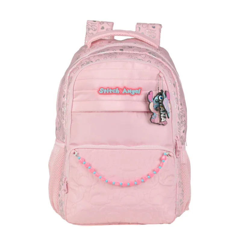 Mochila Escolar Feminina Stitch & Angel Rosa Claro - Disney