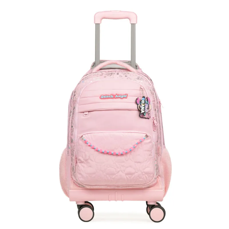 Mochila de 4 Rodinhas Feminina Stitch & Angel Rosa Claro - Disney - Escolar