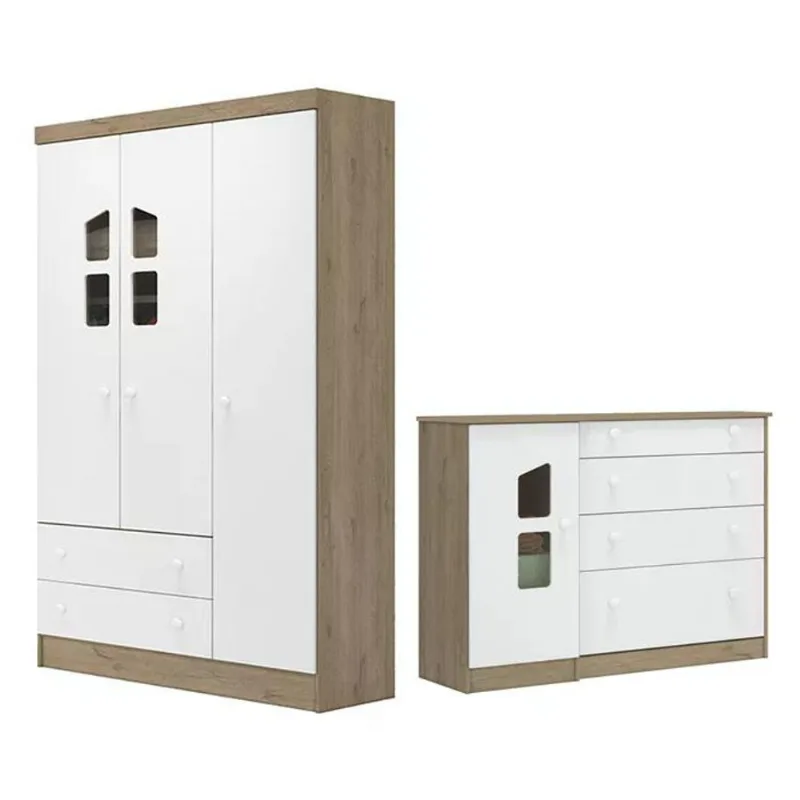 Guarda Roupa Infantil 2637 E Comoda 2644 Amore Carvalho Rustico Branco Qmovi