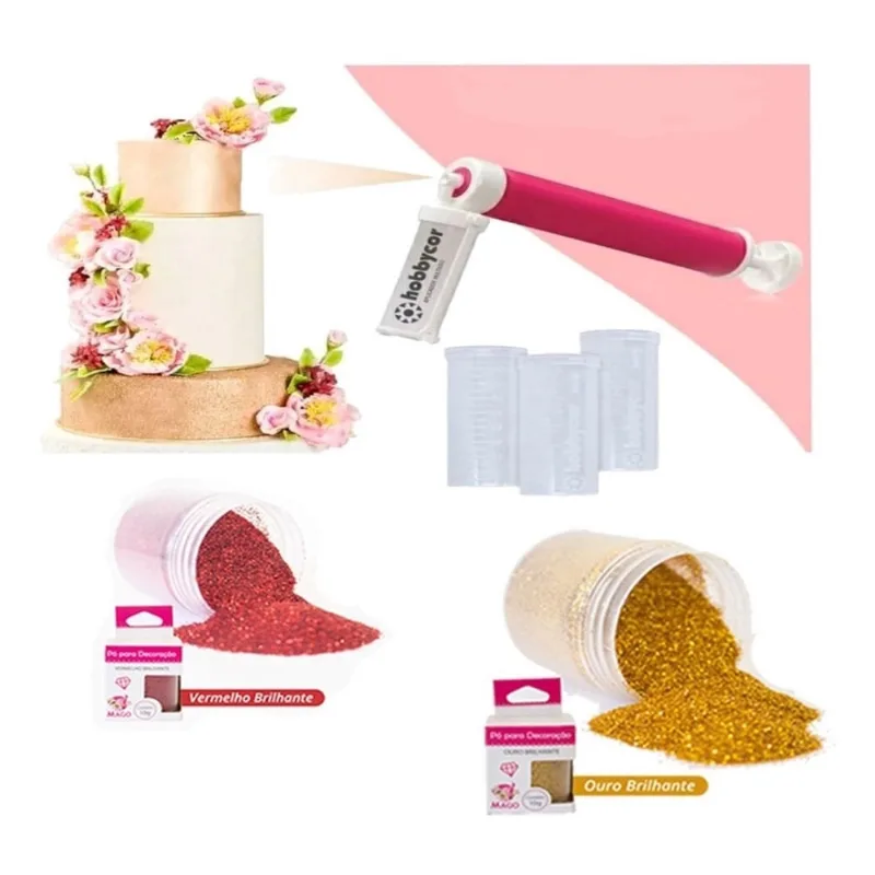 Kit 2 Glitter Corantes Comestível Com Pulverizador Confeitar