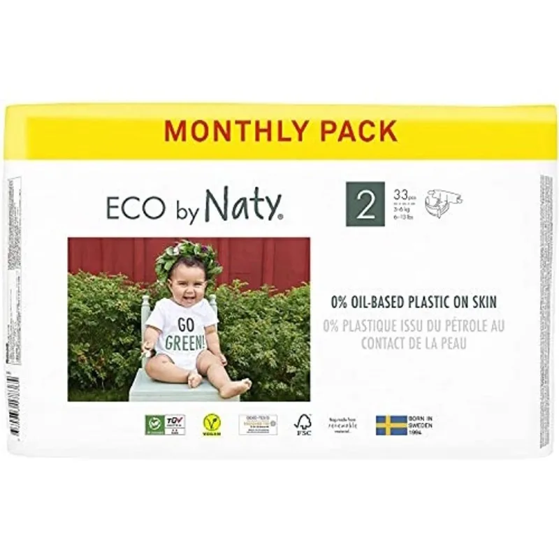 Eco por Fraldas de Bebê Naty - Fraldas Ecológicas baseadas em plantas, ótimas para pele sensível ao bebê e ajuda a prevenir vazamentos (Tamanho 2, Contagem de 132)