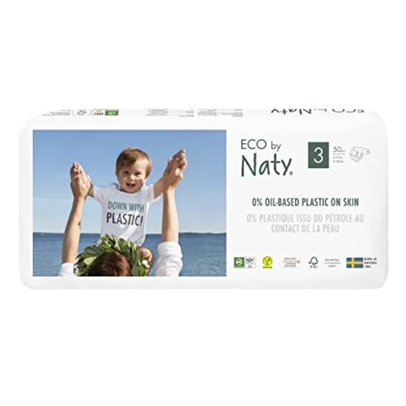 Eco por Fraldas de Bebê Naty - Fraldas Ecológicas baseadas em plantas, ótimas para pele sensível ao bebê e ajuda a prevenir vazamentos (Tamanho 3, Contagem de 100)