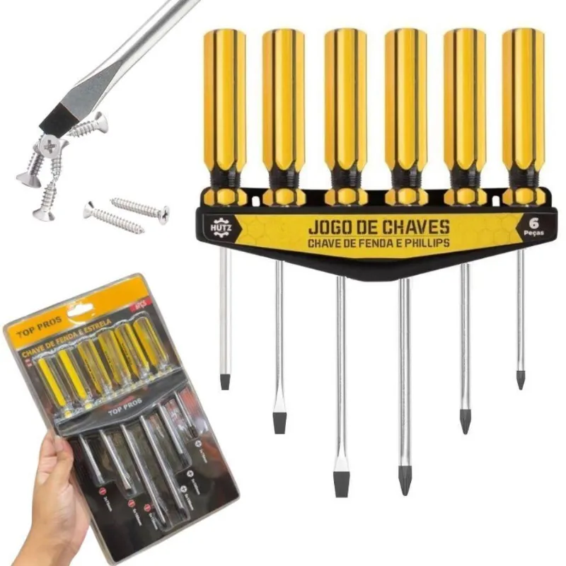 Kit Jogo De Chaves Fenda E Philips 6 Peças Com Pontas Imantadas E Suporte Organizador