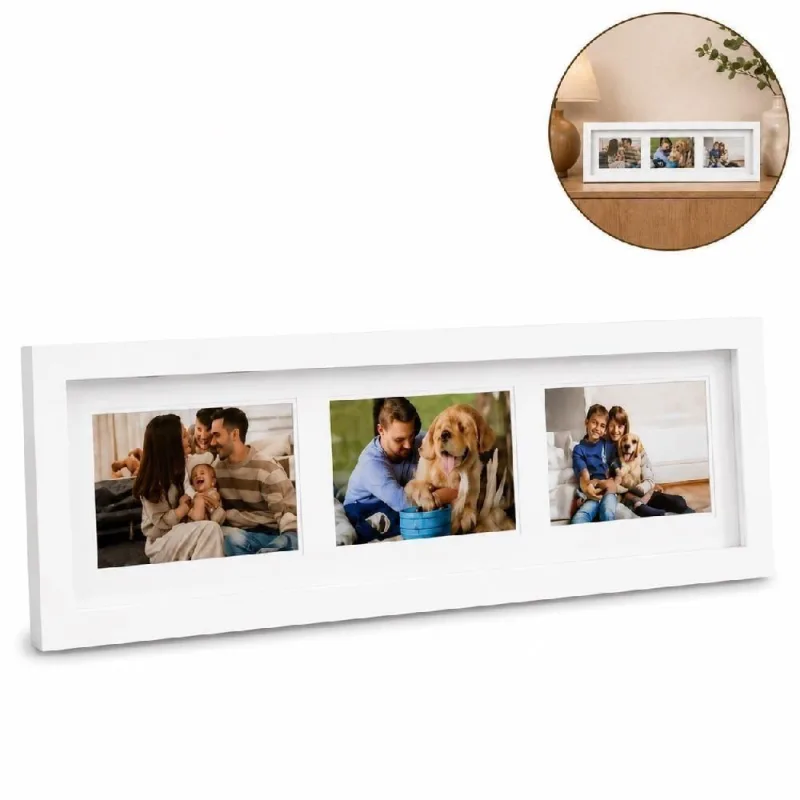 Mural Porta Retrato para 3 Fotos com Design Moderno Branco com Proteção em Vidro 55CM 18CM - OUTRAS - Agro