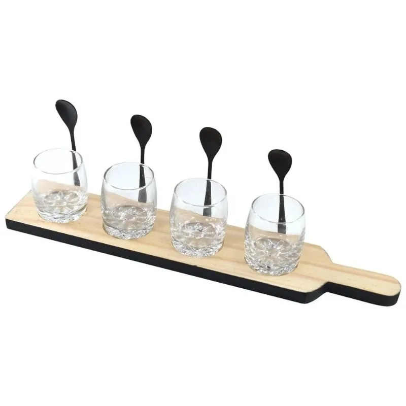 Jogo Para Sobremesas Shot Com 04 Copos Colheres E Base Em Madeira