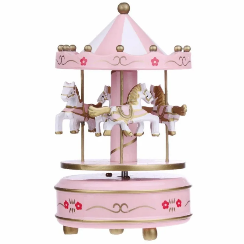 Caixa de Música Carrossel Musical Infantil de Madeira Rosa