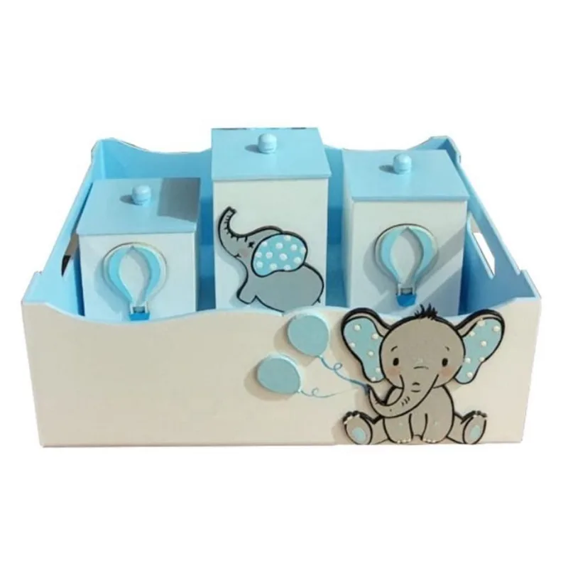 Kit Higiene Mdf 4 Peças Cesta Organizadora Elefantinho Balão