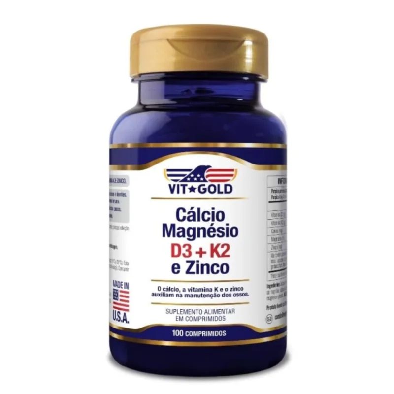 Cálcio Magnésio Zinco com Vitamina D3 e K2 Vitgold 100 Comprimidos - VIT GOLD - Saúde E Bem Estar