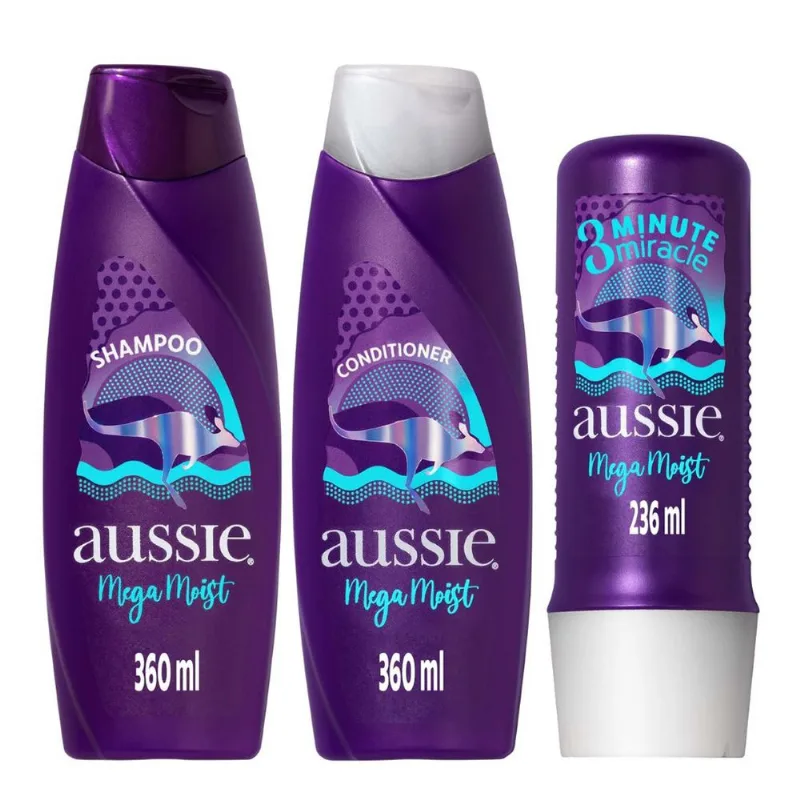Kit Aussie Mega Moist Super Hidratação Shampoo 360ml + Condicionador 360ml + 3 Minutos Milagrosos 236ml