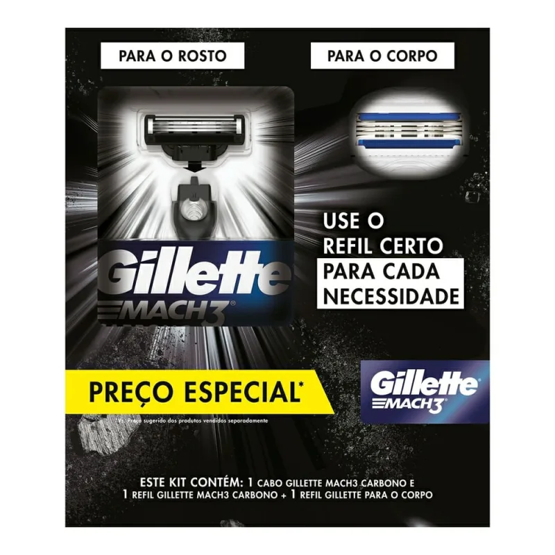 Kit Gillette Mach3 1 Aparelho De Barbear Recarregável+ 1 Carga de Barbear + 1 Carga de Corpo - GILLETTE - Higiene E Cuidados Pessoais