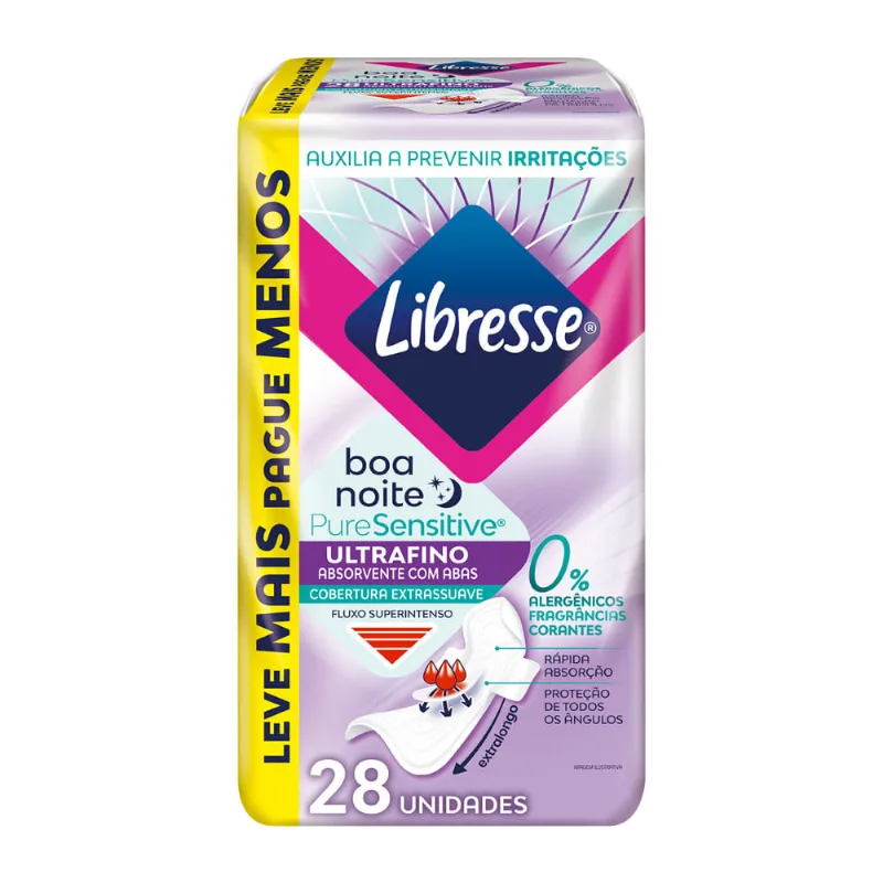 Absorvente Libresse Pure Sensitive Noturno Ultrafino com Abas 28 Unidades