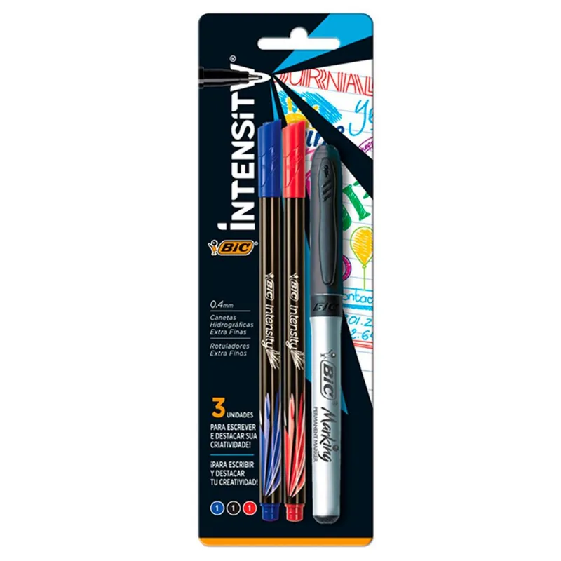 Caneta Bic Intensity 0.4 +Marcador Permanente Preto 3un