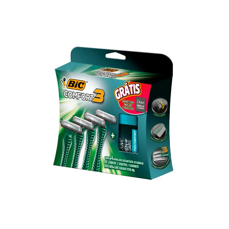 Aparelho Barbear Bic Comfort3 4un + Sabonete Dove un - Bic - Higiene E Beleza