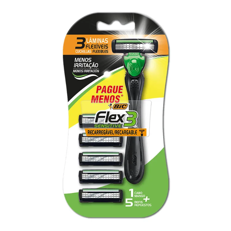 Aparelho Barbear Bic Flex3 Hybrid Sensitive 1 Aparelho e 5 Refis