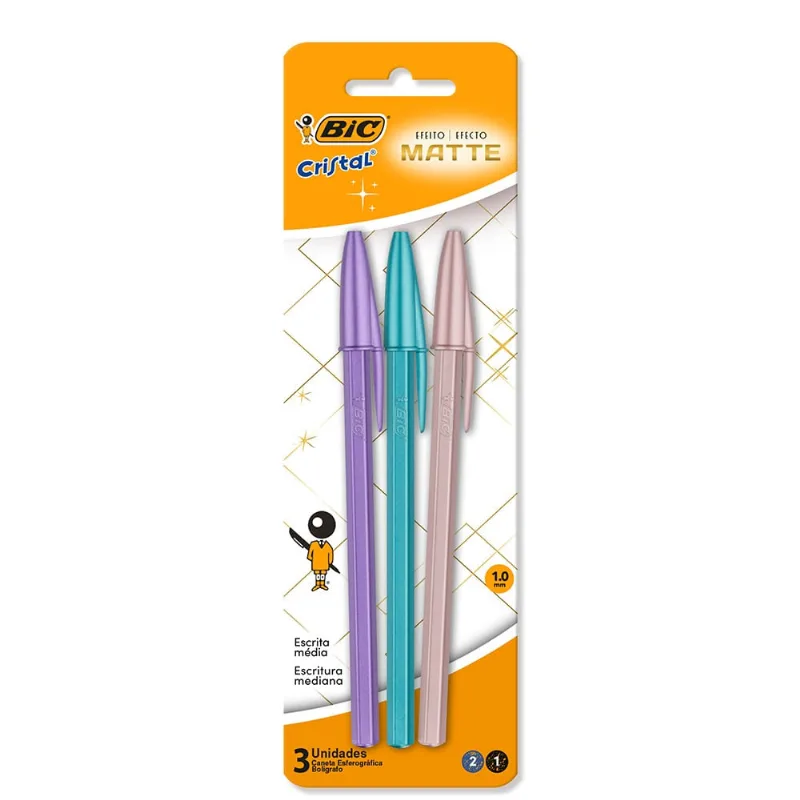 Caneta Bic Crsital Matte Com 3 Unidades Azul Roxa Rosa