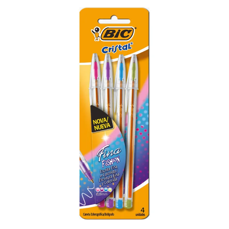 Caneta Bic Cristal Fashion Fina Com 4 Unidades