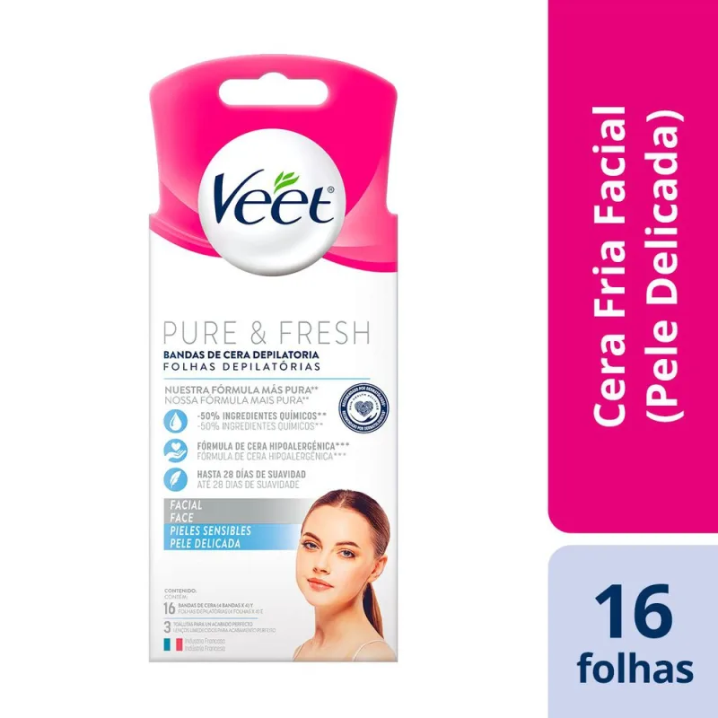 Folhas Depilatórias Veet Pure & Fresh Facial Pele Sensível 16 Unidades - Veet - Higiene Pessoal
