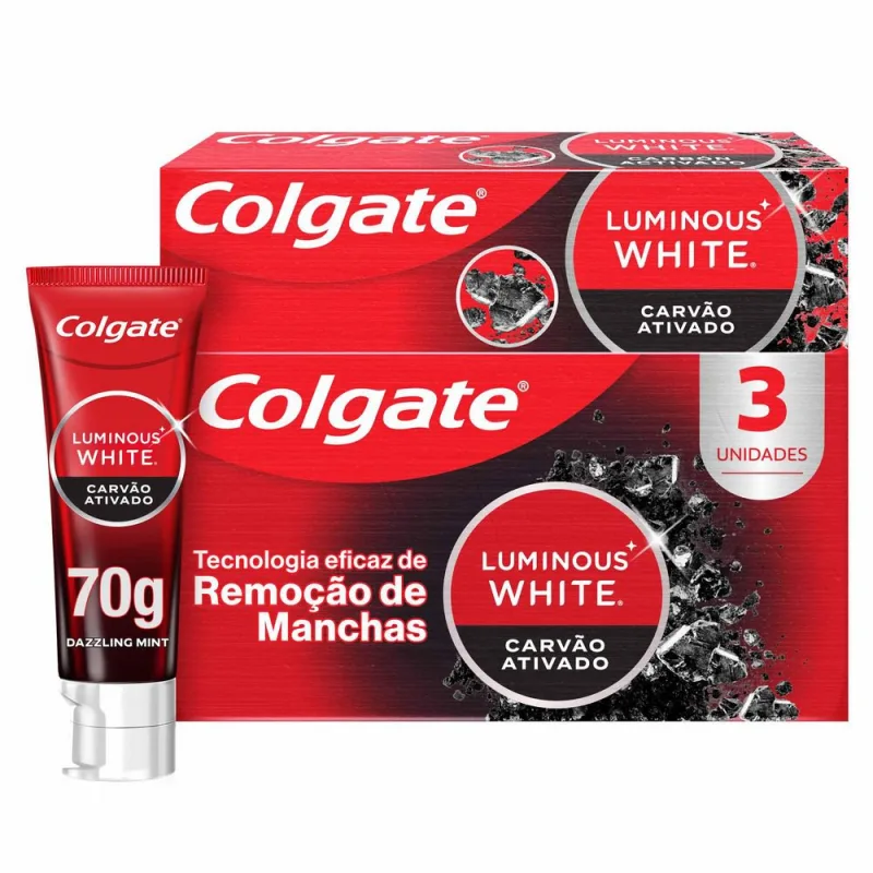 Kit Creme Dental Colgate Luminous White Carvão Ativado Clareador 70g 3 Unidades - Colgate