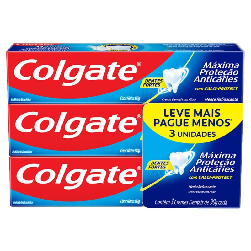 Pack Creme Dental Menta Refrescante Colgate Máxima Proteção Anticáries Caixa 3 Unidades 90g Cada Leve Mais Pague Menos - Colgate