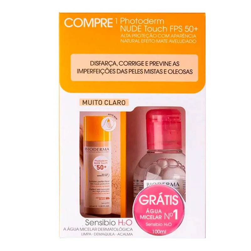 Kit Photoderm Nude Touch Bioderma FPS50 Muito Claro 40ml + Sensibio H2o 100ml