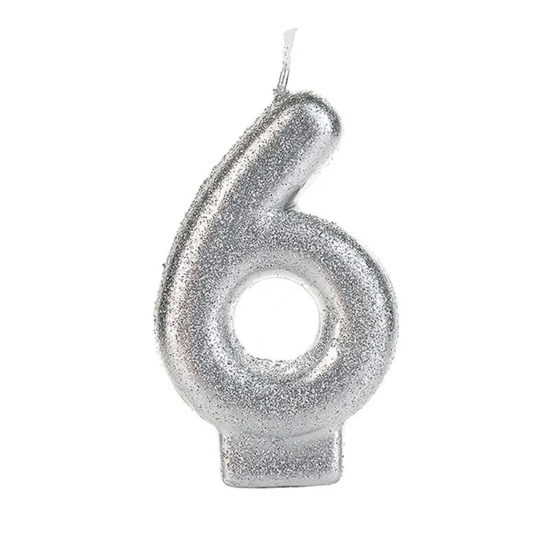 Vela Metalizada com Glitter Número 6 SilverFestas