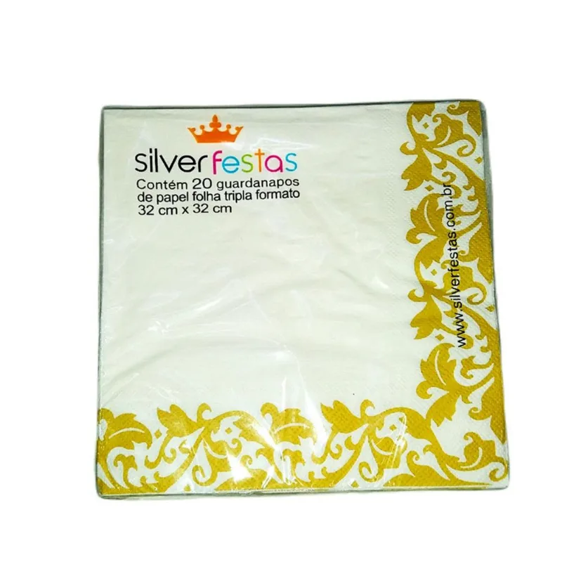 Guardanapo de Papel Folha Tripla Estampado Dourado 32x32cm Silver Festas Tema Festas