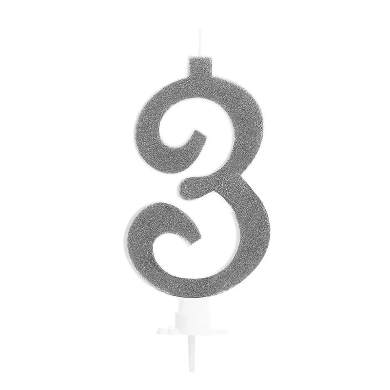 Vela Grande Glitter Número 3 Para Decorar E Iluminar Seu Bolo Com 10Cm Silver Festas