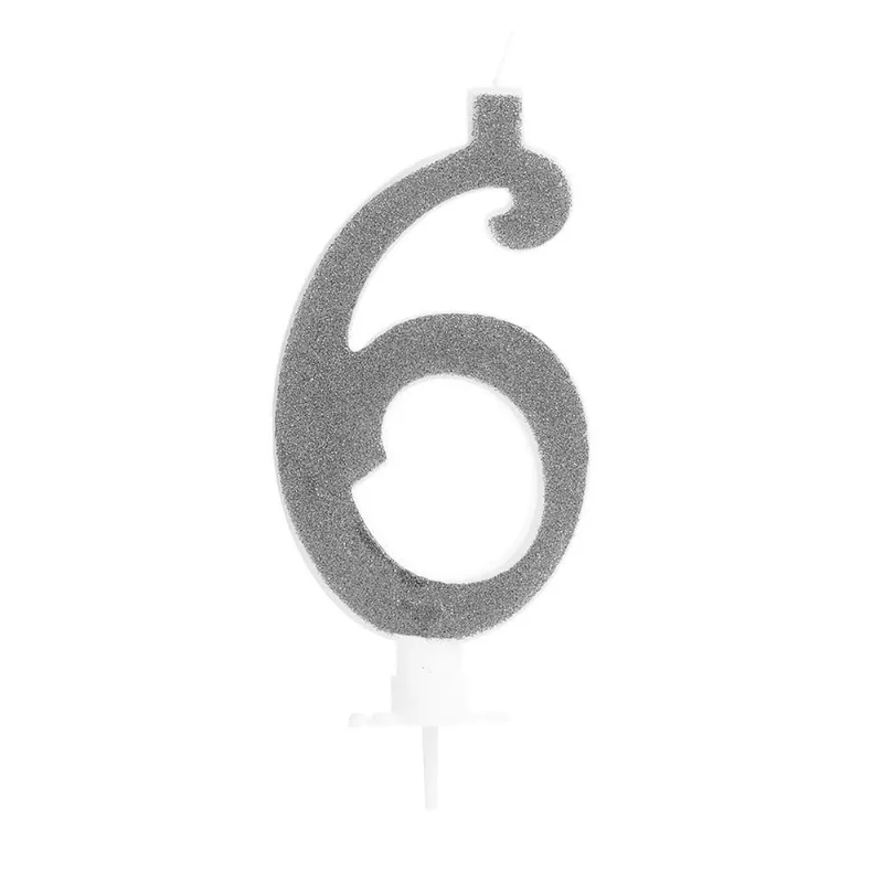 Vela Grande Glitter Número 6 Para Decorar E Iluminar Seu Bolo Com 10Cm Silver Festas