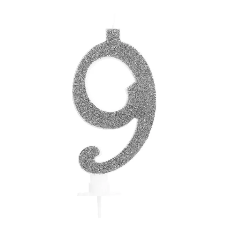 Vela Grande Glitter Número 9 Para Decorar E Iluminar Seu Bolo Com 10Cm Silver Festas