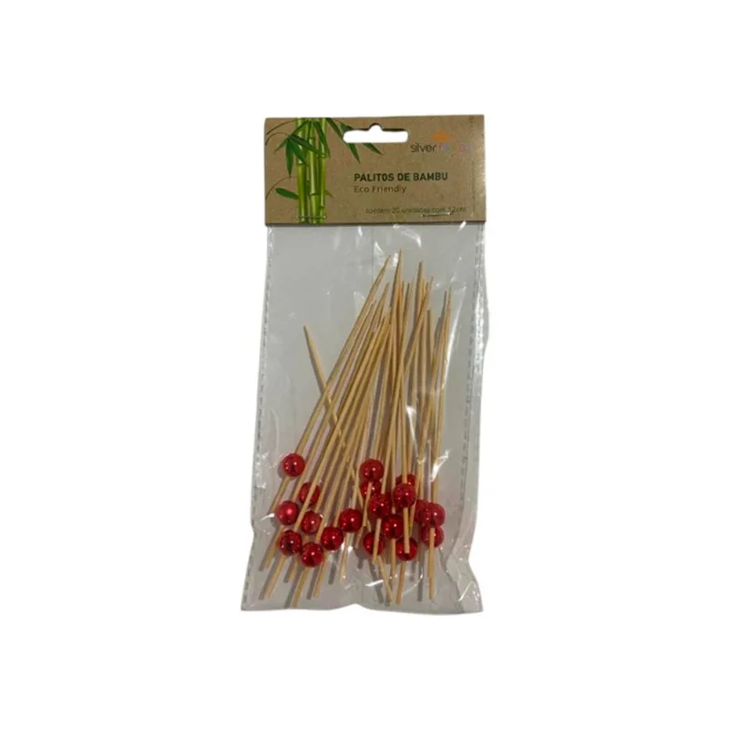 Palito Bambu Silver para Petisco Bola Vermelha 12cm 20un