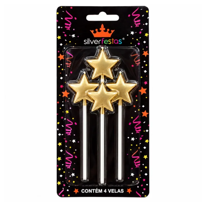 Vela Estrela Dourada Silver 4 Unidades - Silver Festas - Casa E Utilidades