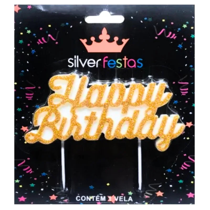 Vela Dourada com Glitter Happy Birthday Silver Festas