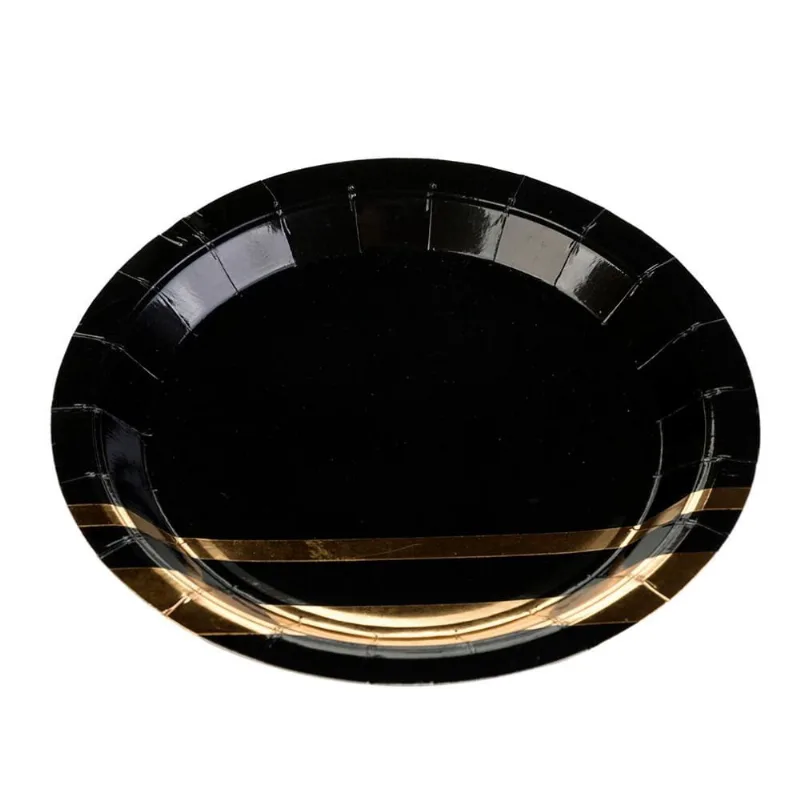 Prato de Papel Preto listras douradas 18cm- 10 unidades SilverFestas