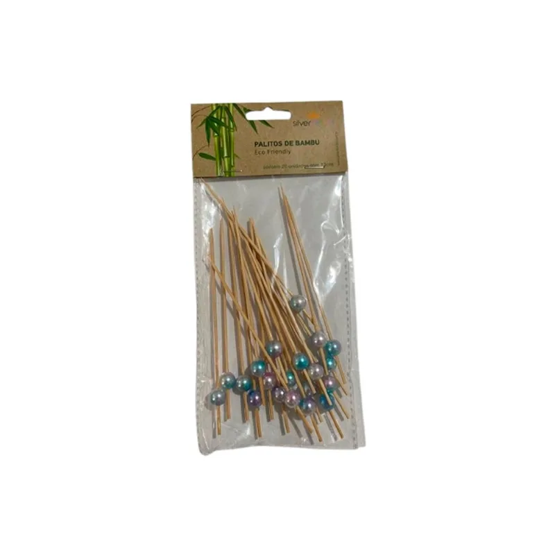 Palito Bambu Silver para Petisco Bola Metalizado 12cm 20un