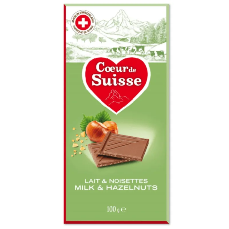 CHOC COEUR SUISSE 100G Chocolate Suíço Coeur Suisse Ao Leite com Avelã 100g