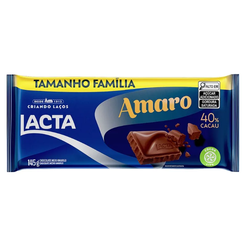 Chocolate em Barra Lacta Amaro Meio Amargo 40% Cacau 145g Tamanho Família