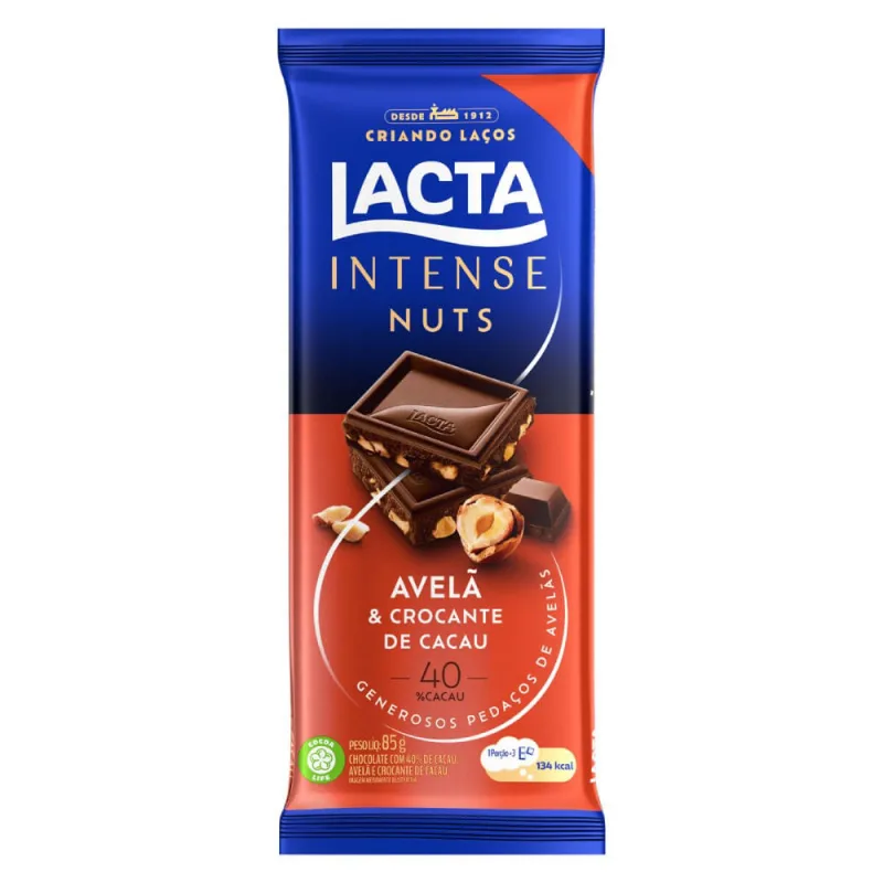Chocolate em Barra Lacta Intense Meio Amargo 40% Cacau Avelã e Crocante de Cacau 85g