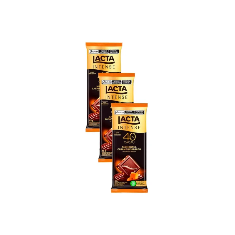 Kit 3 Chocolate Lacta Intense Meio Amargo 40% Cacau Amêndoas E Caramelo Salgado 85g Lacta - Não Informado - Mercearia