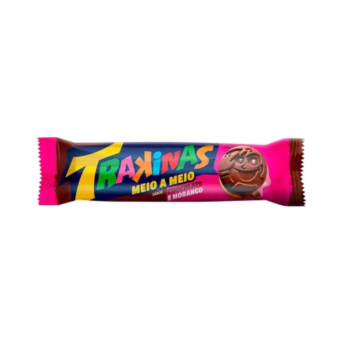 Biscoito Recheio Chocolate E Morango Trakinas Meio A Meio Pacote 126g - TRAKINAS