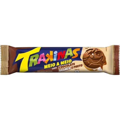 Biscoito Recheio Chocolate Branco E Preto Trakinas Meio A Meio Pacote 126g - TRAKINAS