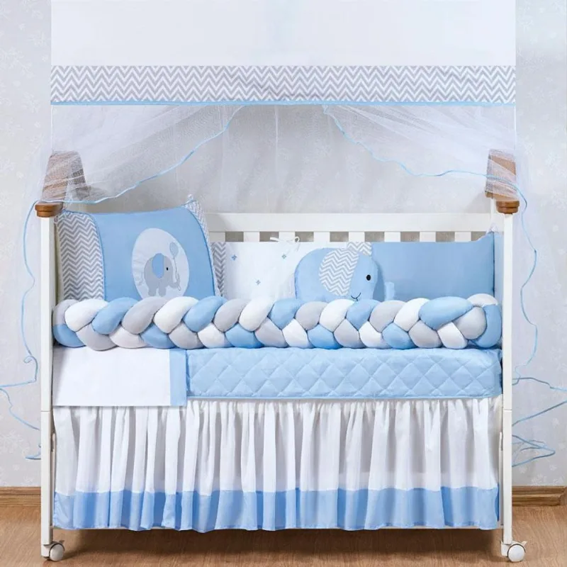 Kit Berço Para Menino 14 Peças Com Saia e Travesseiro Azul