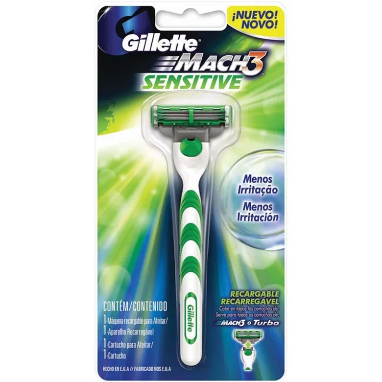 Aparelho Recarregável E Carga Para Barbear Gillette Mach3 Sensitive - GILLETTE MACH3 - Higiene E Beleza