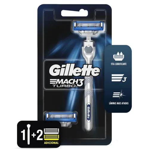 Kit 1 Aparelho Recarregável Para Barbear 2 Cargas Gillette Mach3 Turbo - GILLETTE MACH3 - Higiene E Beleza