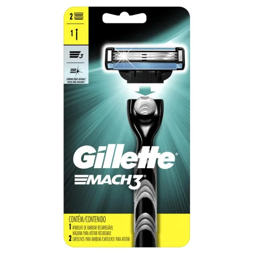 Kit 1 Aparelho Recarregável Para Barbear 2 Cargas Gillette Mach3 - GILLETTE MACH3 - Higiene E Beleza