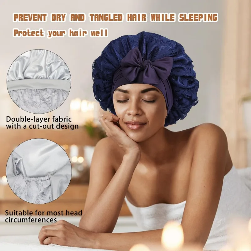 Sleep Bonnet De Renda Cáqui De Cetim Com Gravata Borboleta Para Cuidar Do Cabelo