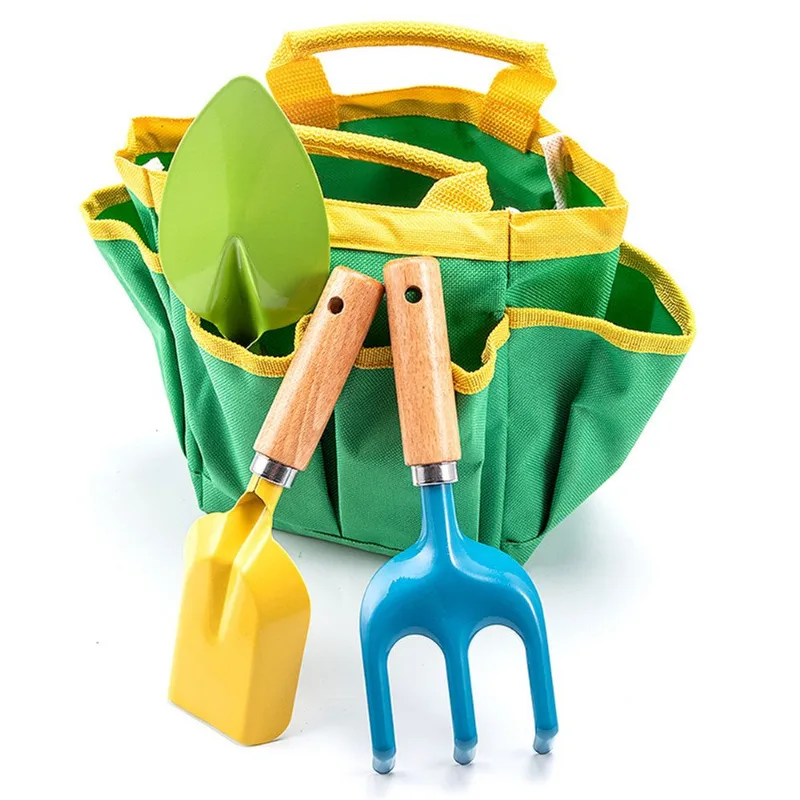 Conjunto De Ferramentas De Jardim De 4 Peças Coloridas Para Crianças Com Bolsa De Armazenamento De Ferro