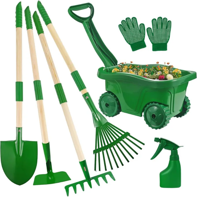Conjunto De Jardinagem Para Crianças De 6 Peças Com Pá, Ancinhos, Luvas E Carrinho
